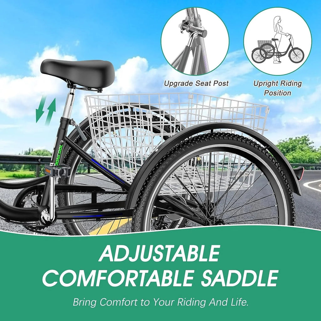 FICISOG 26 Adult Tricycle, 3 Wheel 7 Speed, 450lbs Capacity with Basket X547