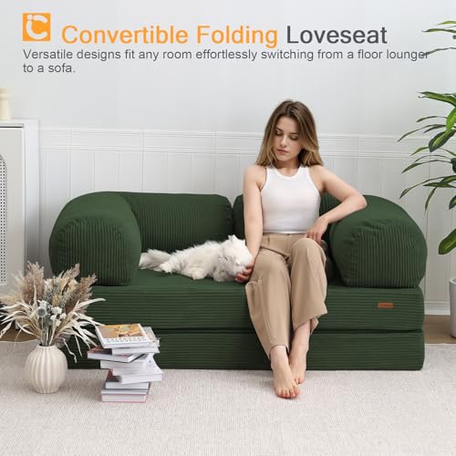 COMAX Folding Sofa Bed Convertible Chair Bed Corduroy 3-in-1 Floor Couch, Dark Grey E940