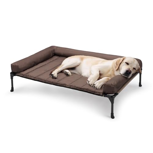 Veehoo Elevated Dog Bed with Removable Waterproof Bolster Cushion, Breathable Mesh, Indoor Outdoor, 42x30 inches, Beige U875430