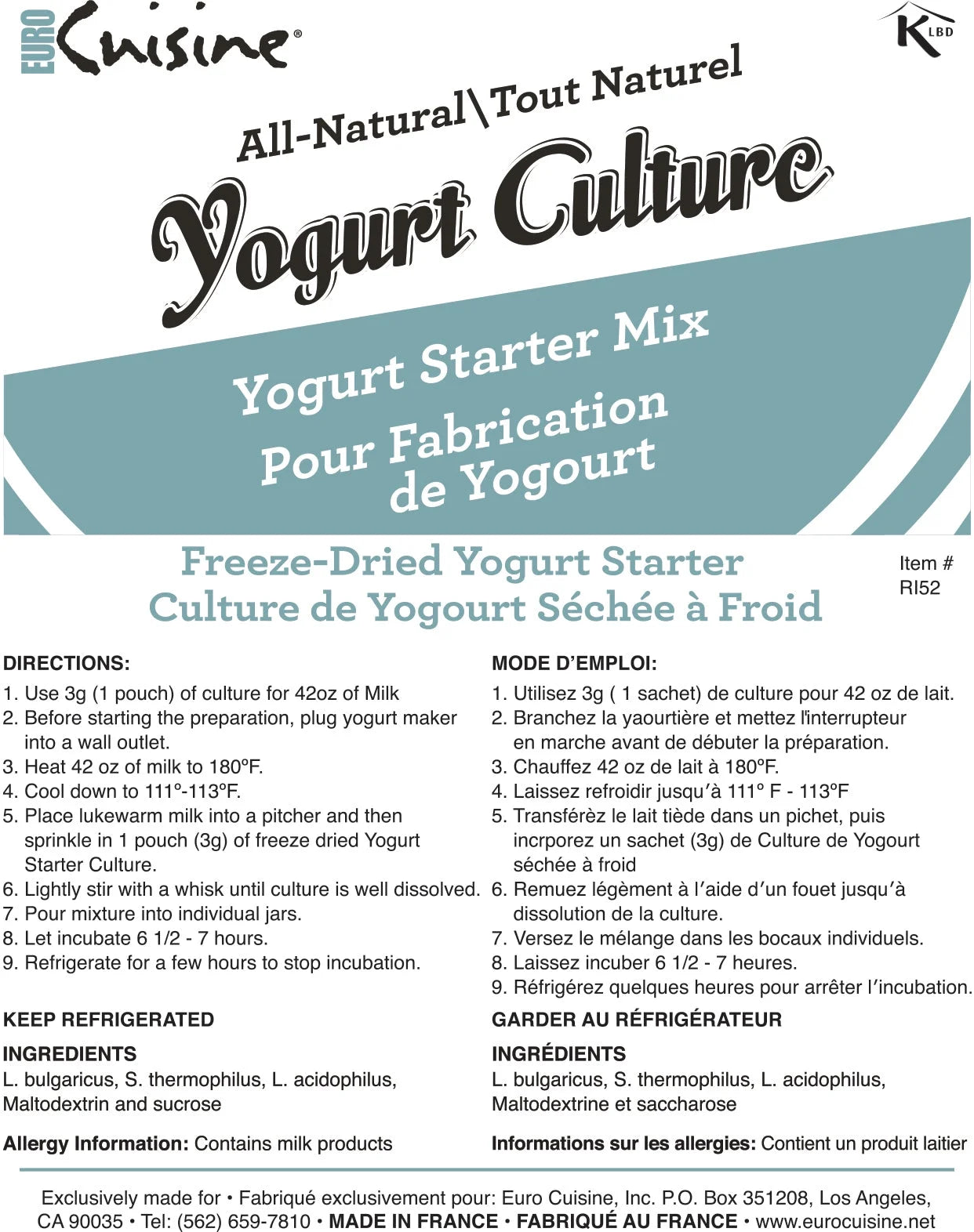Euro Cuisine RI1020 Yogurt Starter Culture - 10 Packets I944790