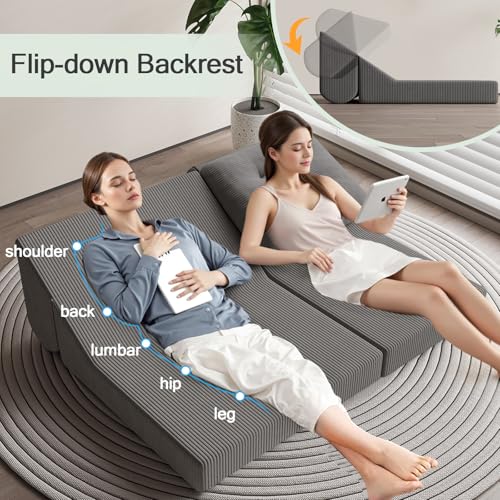 COMAX Folding Sofa Bed Convertible Chair Bed Corduroy 3-in-1 Floor Couch, Dark Grey E940