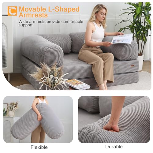 COMAX Folding Sofa Bed Convertible Chair Bed Corduroy 3-in-1 Floor Couch, Dark Grey E940