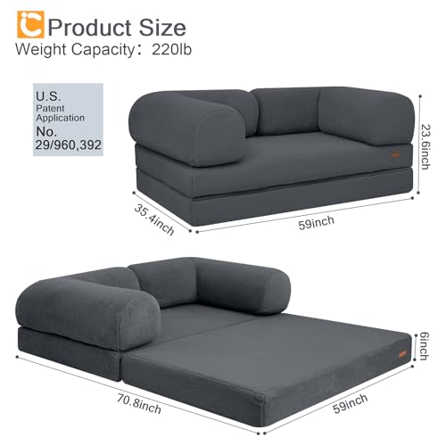 COMAX Folding Sofa Bed Convertible Chair Bed Corduroy 3-in-1 Floor Couch, Dark Grey E940