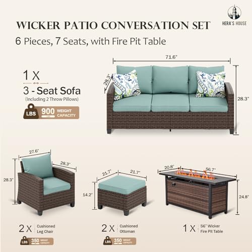 HERA'S HOUSE Patio Furniture Set with 56" Fire Pit Table, 6 Pieces 7 Seats Wicker Sectional Z546196