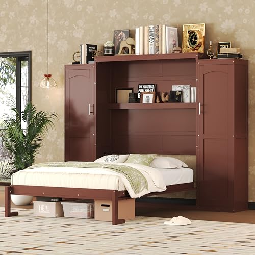 Queen Size Murphy Bed Wall Cabinet with 2 Wardrobes and Storage Shelf, White E955210