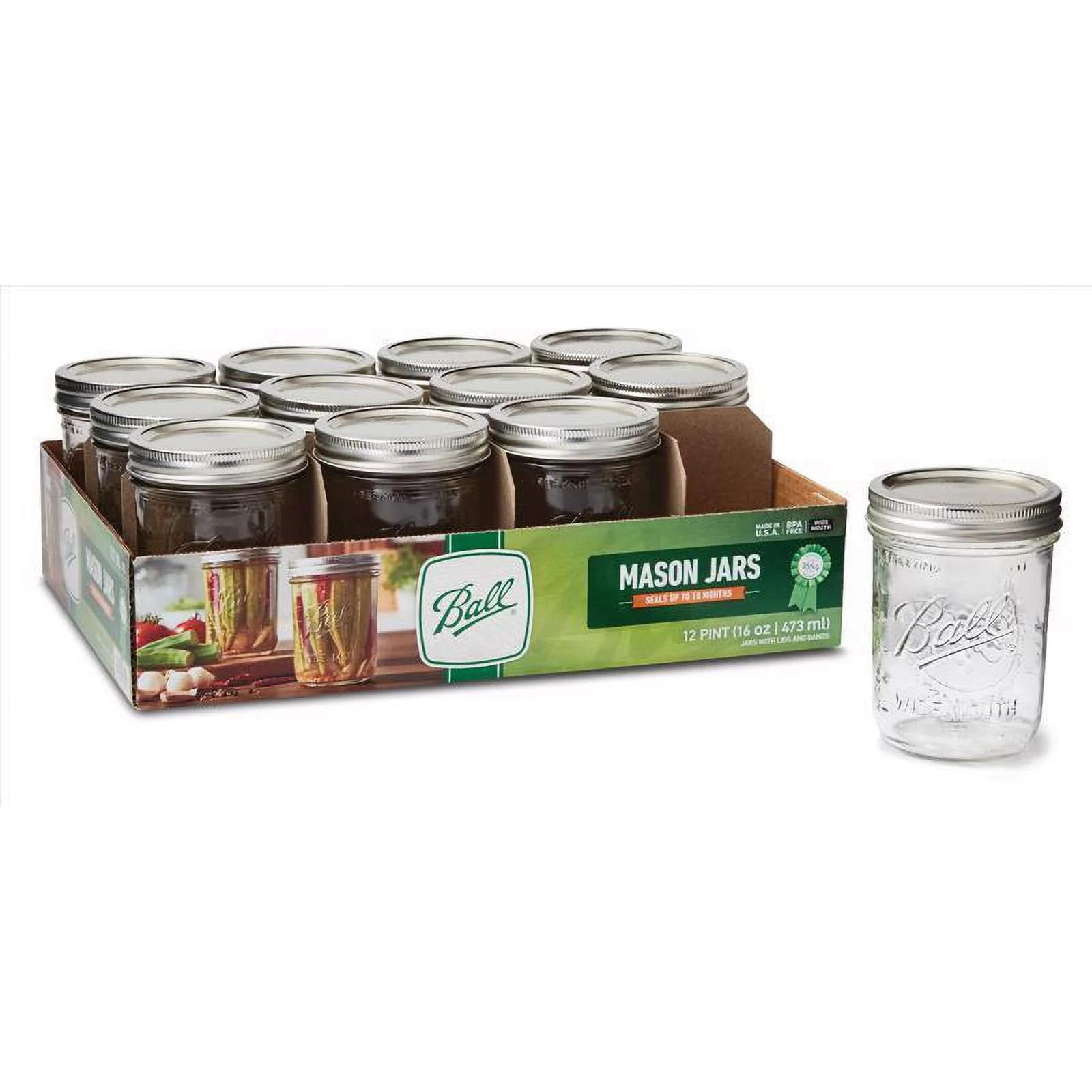 Ball Glass Mason Jars with Lids & Bands, Wide Mouth, 16 oz, 12 Count V563859