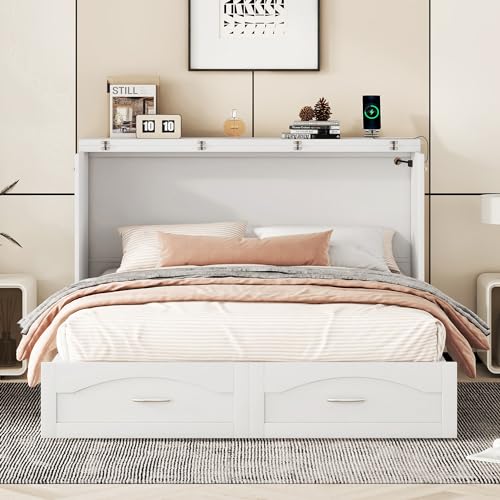 Full Size Murphy Bed with Drawers, Cabinets and USB Ports, Gray D589081