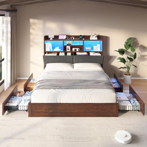 Farmhouse Bed Frame with Bookcase Headboard, LED Storage, Black G550865
