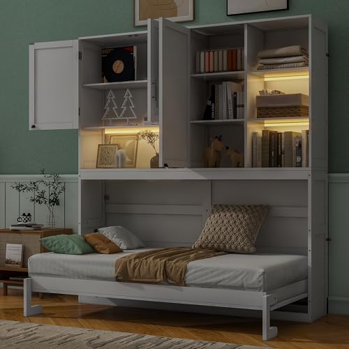 PURLOVE Wood Twin Murphy Bed with Light and USB, Gray W600663