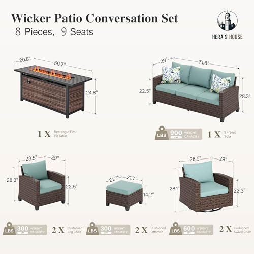 HERA'S HOUSE Patio Furniture Set with 56" Fire Pit Table, 6 Pieces 7 Seats Wicker Sectional Z546196