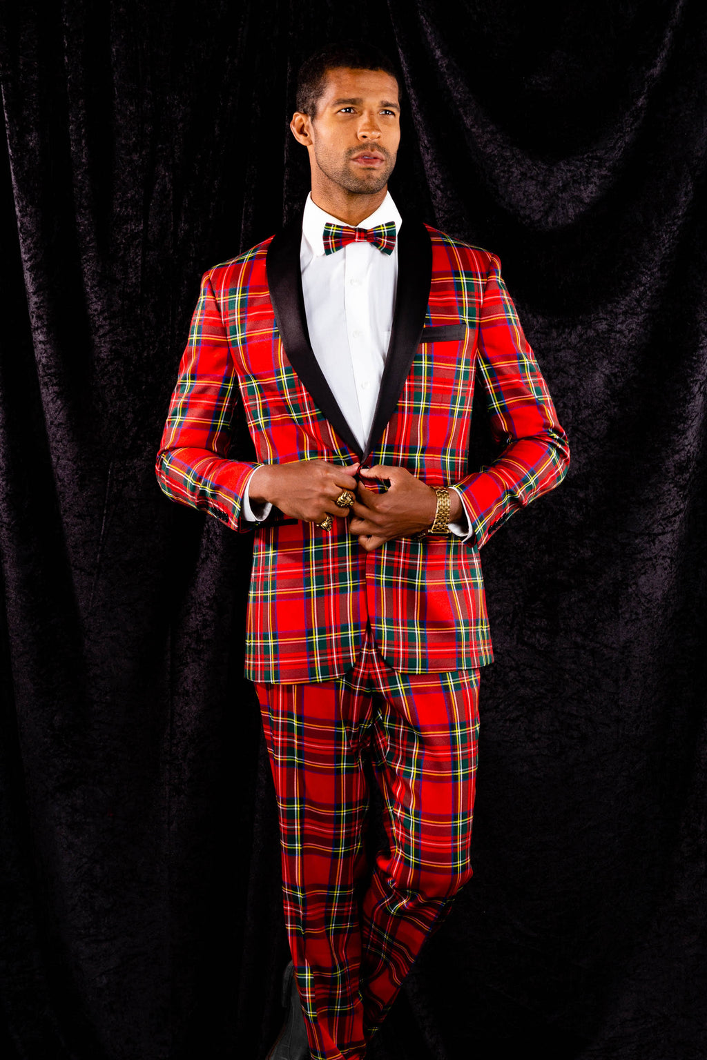 Shinesty Rockefeller Tartan Plaid Tuxedo Size 50 Black/Red R60688