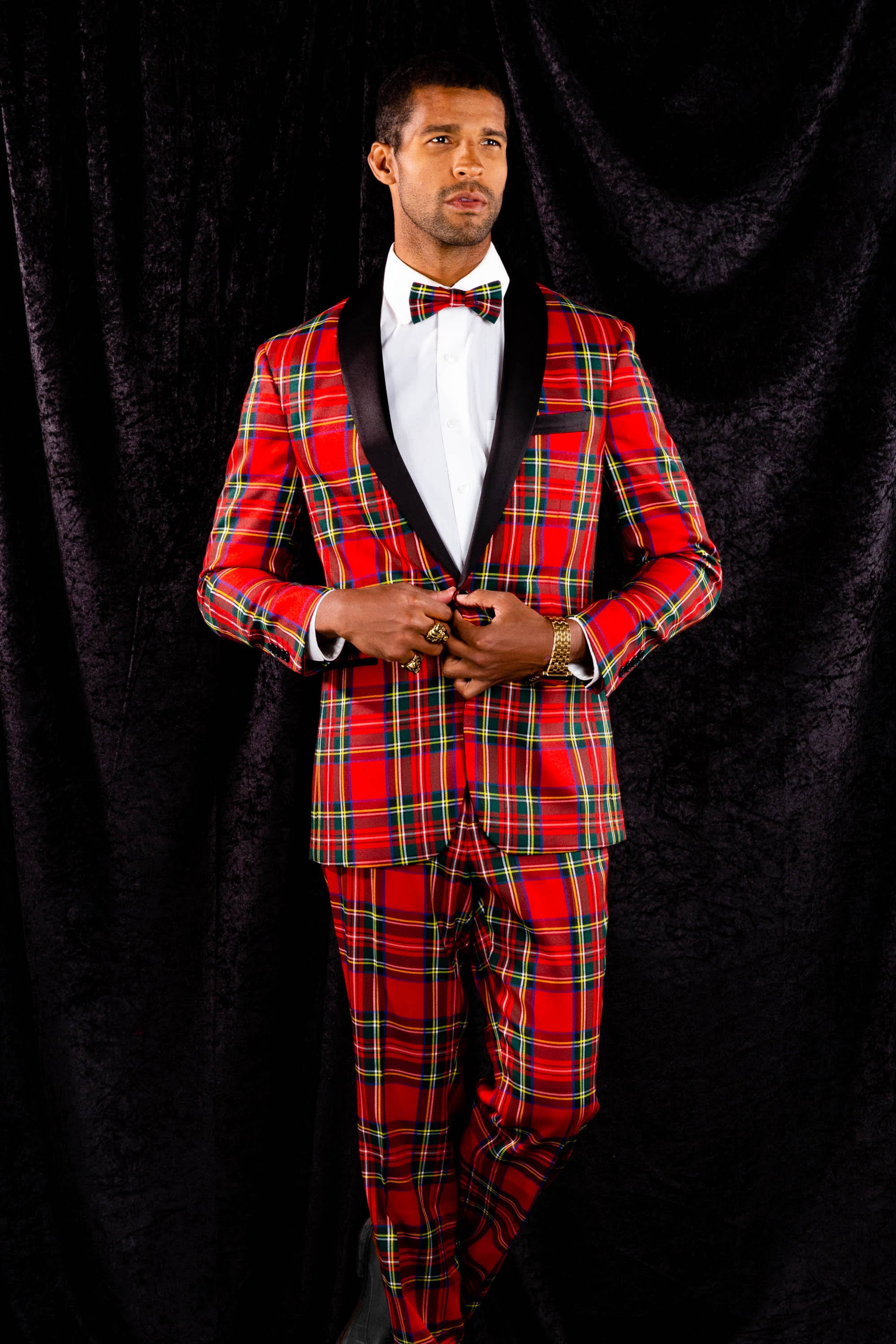 Shinesty Rockefeller Tartan Plaid Tuxedo Size 50 Black/Red R60688
